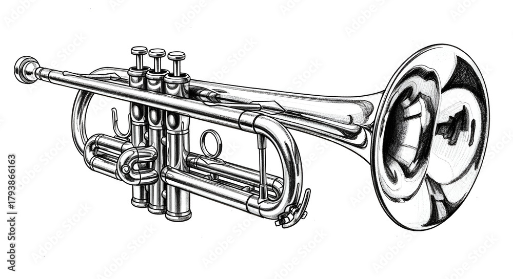 Obraz premium Black and white pencil sketch of a New Year’s trumpet with fine shape details and soft reflections on a plain white background.