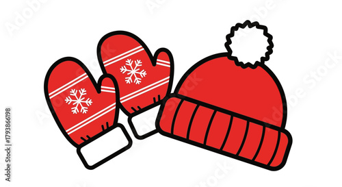 Red mittens with snowflakes and a matching hat sit sidebyside against a white background