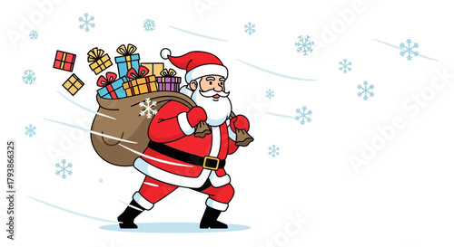 Santa Claus strides with a sack full of gifts in snowy weather