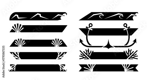 Collection of black marine-themed banner and label templates. Vector set includes anchor, seashell, wave, and coral icons for graphic design projects.
