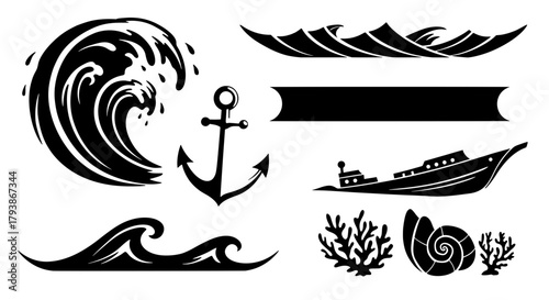 A collection of nautical-themed silhouettes for design. This vector set includes a large ocean wave, anchor, shipwreck, coral, and seashell icons.