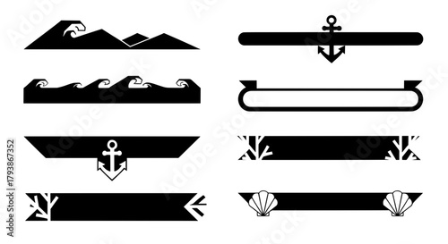 Vector set of marine themed frames and borders. Features silhouettes of anchors, ocean waves, coral, and seashells for graphic decoration and design.
