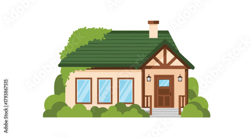 Charming cottage dwelling with green roof, nestled amidst lush foliage in a peaceful setting with architecture allure and inviting atmosphere