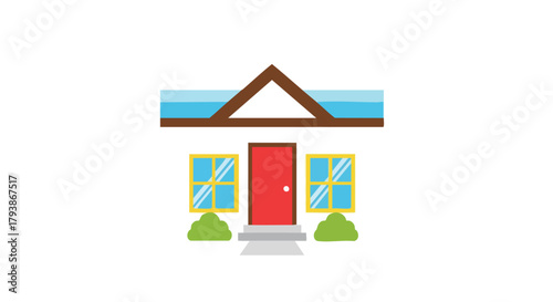 Stylized house illustration with a red door and yellow-framed windows in a simple design, ideal for children's illustrations or real estate icons