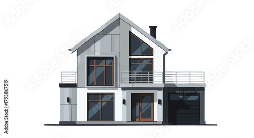 Architectural visualization showcases modern dwelling with unique angular gable roof design and minimalist aesthetic for contemporary family living