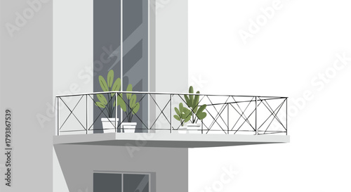Modern minimalist balcony with potted plants on a residential building, providing a stylish and serene urban living space with natural elements and