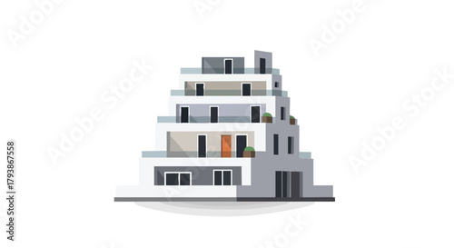 Modern Minimalist Apartment Building with Geometric Design and Balconies in Simple Architectural Rendering Style