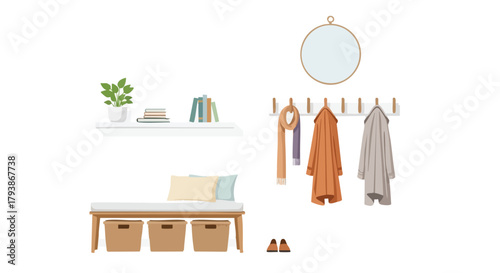 Stylized entry hall illustration featuring a bench, shelf, mirror and coats creates inviting first impressions home decor 79