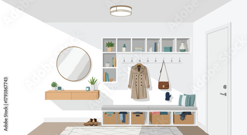 Inviting entryway design featuring a coat rack, storage bench, mirror, and clean organizational elements for a functional space