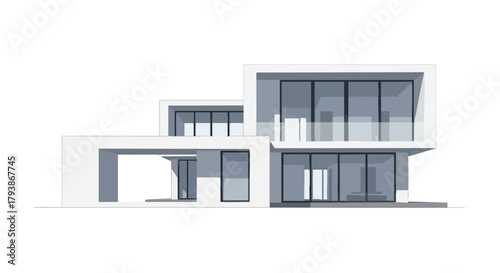 Modern minimalist home design with clean geometric shapes featuring expansive glass windows creating architectural simplicity and elegance