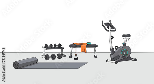 Indoor Gym Setup with Exercise Bike, Weights, Bench and Yoga Mat for Fitness Regimen Training and Workout Routine