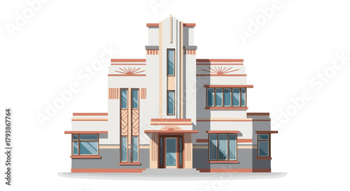 Stylized depiction of an art deco building facade with geometric ornamentation offering a unique visual style and aesthetic appeal