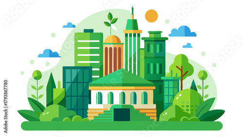 Vibrant green city skyline showcasing sustainable architecture and abundant vegetation, symbolizing a harmonious blend of nature and urban living