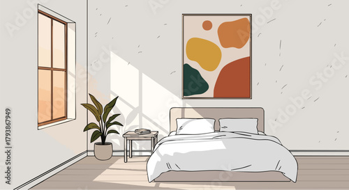 Serene bedroom scene bathed in warm sunlight, featuring a modern art piece and minimalist decor, expressing tranquility and artistic style
