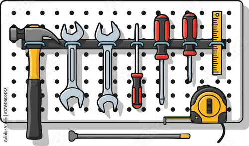 A collection of essential hand tools neatly arranged on a pegboard for various repair and construction projects.