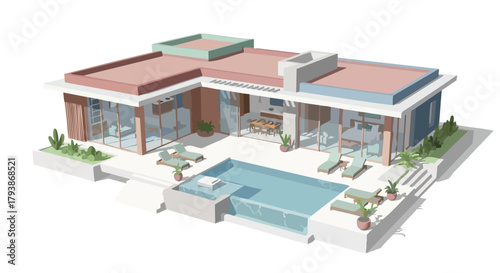 Stylized architectural rendering showcasing a luxurious modern villa with a swimming pool bathed in sunlight creating a serene ambiance