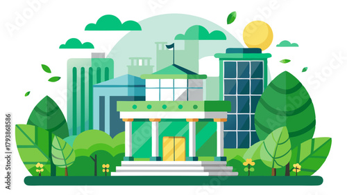 Modern green ecofriendly government building with columns and large windows, surrounded by lush trees and plants, sunny day