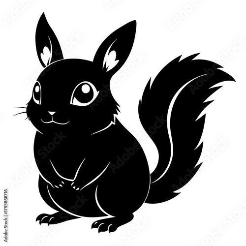 Stylized black squirrel with large eyes and bushy tail, isolated on a