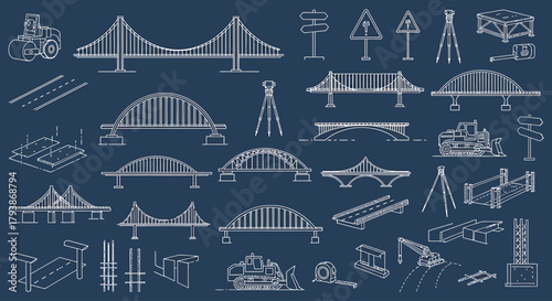 Comprehensive Blueprint Vector Set of Construction and Engineering Elements Illustrating Diverse Bridge Designs, Road Infrastructure, Heavy Machinery, and Architectural Components for Design Projects