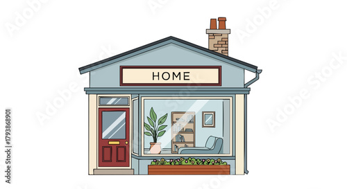 Charming Cartoon Home Illustration: A Cozy Depiction of Domestic Bliss and Peaceful Living Space with Plant  and Brick Elements