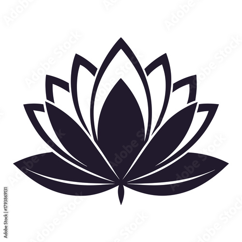 A dark purple stylized lotus flower with clean lines and a minimalist aesthetic, isolated on a