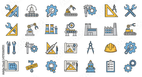 Comprehensive collection of industrial engineering and manufacturing process icons, showcasing factory automation, construction planning, tools, and design elements for technology and production