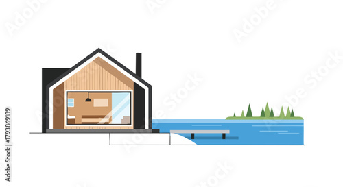 Modern lakeside cabin retreat illustration showcasing architecture and natural serenity vector design in light colors creates a peaceful minimalist