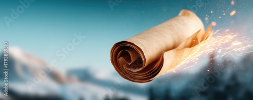 Comic Fantasy Dynamic pose concept. Rolling parchment against a scenic mountain backdrop.