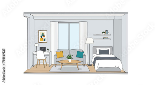 Cozy studio apartment illustration showcasing a functional layout and modern decor elements ideal for small space living emphasizing comfort and style