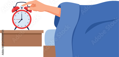 A person in bed is turning off an alarm clock on a nightstand with a hand.