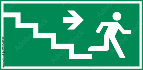Green Emergency Exit. Green fire exit sign. A green and white fire exit sign with arrows. Green emergency exit sign with a running person pictogram and a white arrow pointing down. 