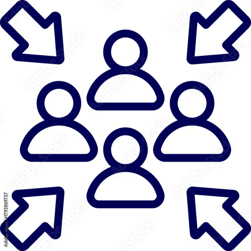 Line art vector of emergency assembly point sign. Outline of assembly point sign with arrows. Icon of people gather for assembly point zone. Muster Point Symbol. Meeting point icon.