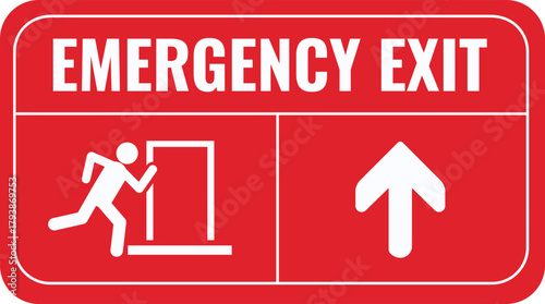Red Emergency Exit. fire exit sign. A red and white fire exit sign with arrows pointing to a door. Red emergency exit sign with a running person pictogram and a white arrow pointing down. 