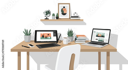 Digital workspace illustration featuring a laptop, tablet, drawing pad and office supplies in a modern minimalist aesthetic