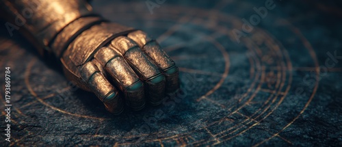 Comic Fantasy Dynamic pose concept. Armored hand resting on an intricate surface design.