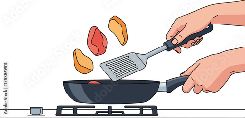 Hands cooking food on stove with spatula and frying pan indoors