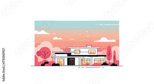 Stylized Minimalist House Illustration with Warm Sunset Colors and Contemporary Architecture