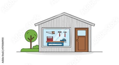 Illustration of a workshop with tools inside showcasing various carpentry equipment and a small tree next to the structure showcasing craftsmanship
