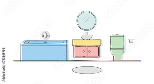 Delightful bathroom interior illustration featuring bathtub, sink and toilet in soft pastel colors a charming and cheerful design element for