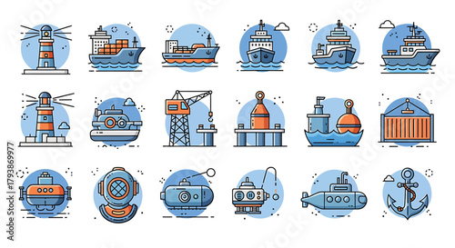 Set of Maritime and Nautical Icons Featuring Ships, Lighthouses, Anchors, and Submarines