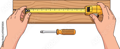 Hands measuring wooden plank with tape measure and screwdriver.