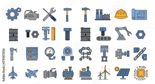 Extensive set of industrial engineering and manufacturing icons, featuring essential tools, factory equipment, mechanical parts, and technology symbols for various design projects