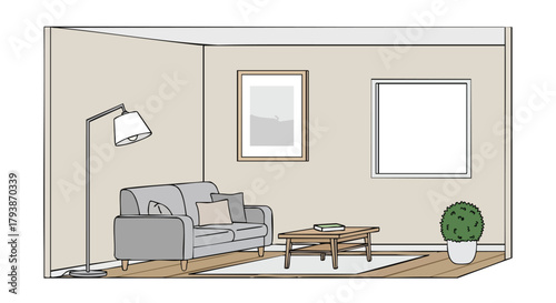 Cozy and minimalist living room interior design with neutral color palette and stylish furniture arrangement that evokes serenity