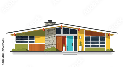 Stylish Mid-Century Modern Home Illustration Showcasing Unique Architectural Details and Landscaping Design