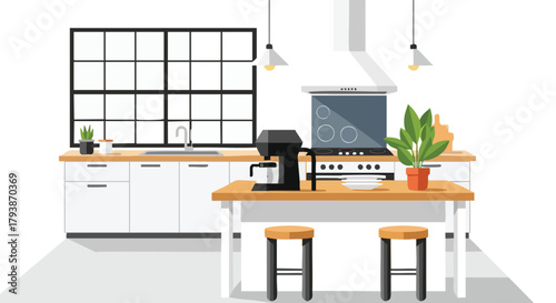 Stylized modern kitchen interior with island coffee maker and potted plant, capturing a sense of urban simplicity and inviting culinary space