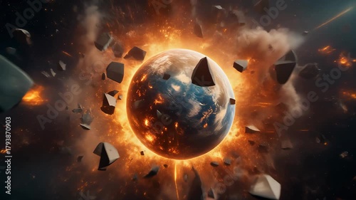 A dramatic and catastrophic depiction of a planet exploding in space, surrounded by fiery energy and flying debris, illustrating a cosmic event or planetary destruction.