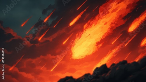 Comic Fantasy Dynamic pose concept. Fiery meteors streaking through a dramatic, stormy sky.
