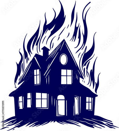 Silhouette Vector of Fire in a house. Illustration of Fire Insurance. Solid icon of House on fire with flame and smoke. Home fire symbol. House building in flames. Vector of a burning house on fire