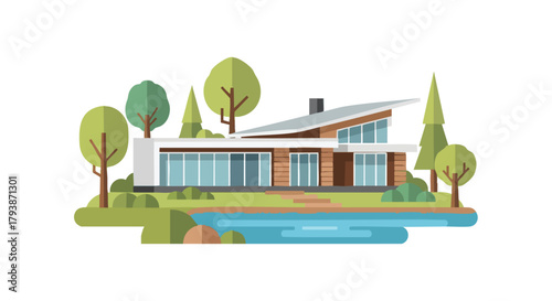 Stylish flat vector illustration of a modern house near a lake surrounded by nature for serene suburban living