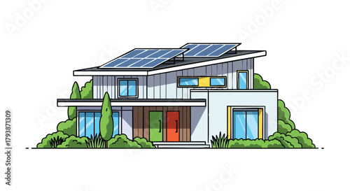 Illustrative rendition of a modern house with solar panels and lush greenery showcasing sustainable architectural design